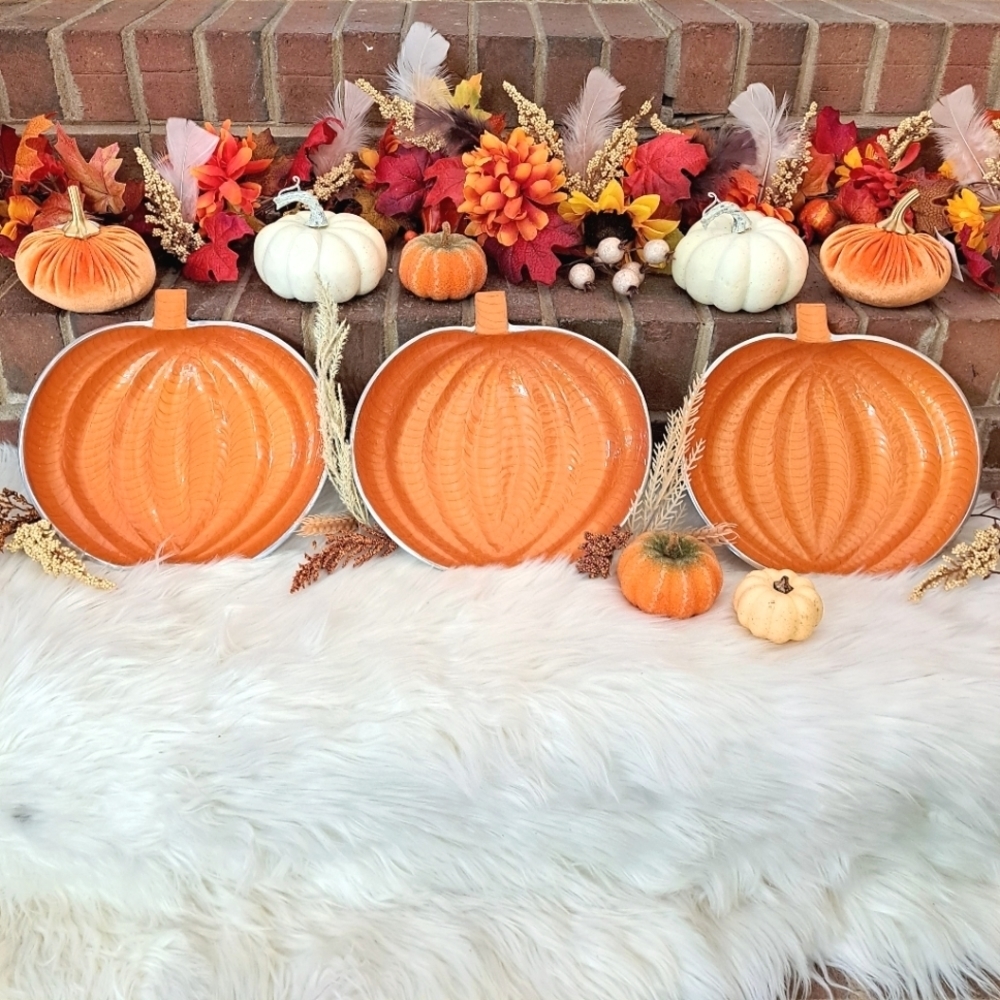 SOLD 🍁🌻(3) Pumpkin Serving Trays/Dishes/Plates from India - SEE DESCRIPTION